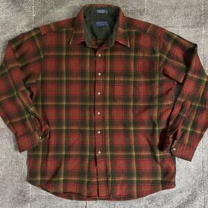 Men's Pendleton Red Green Plaid Wool Flannel Lodge Board Long Sleeve Shirt Sz L